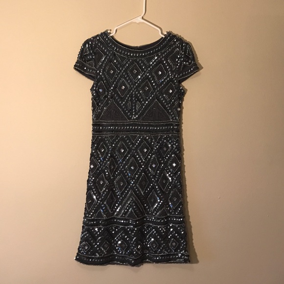 Fully beaded cap sleeve grey silver cocktail dress