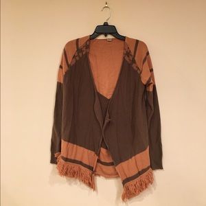 Peach and brown BKE cardigan with lace and fringe