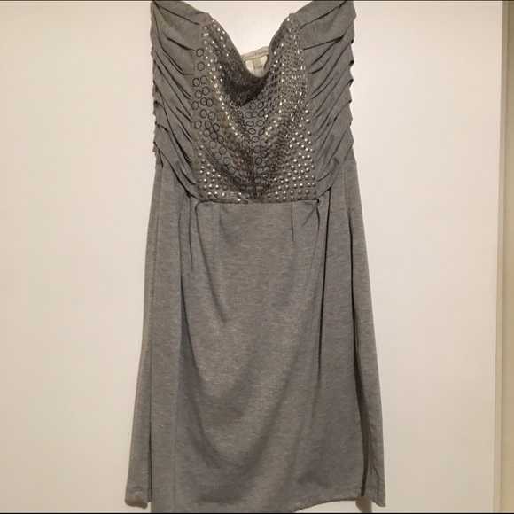 Strapless, grey, beaded bodice dress