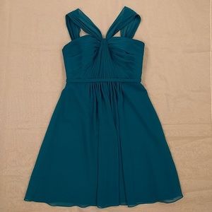 Y-Neck Ruched Bodice Crinkle Chiffon Short Dress