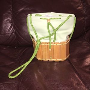 Small Green Leather Wood Panel Shoulder Purse