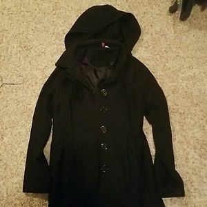 Black wool pea coat with hood