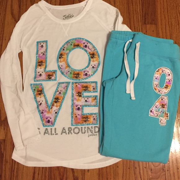 🐶JUSTICE Outfit. Girls Shirt/ Sweatpants. Size 10