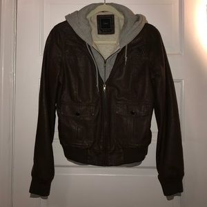 Urban Outfitters brown leather zip up with hoodie