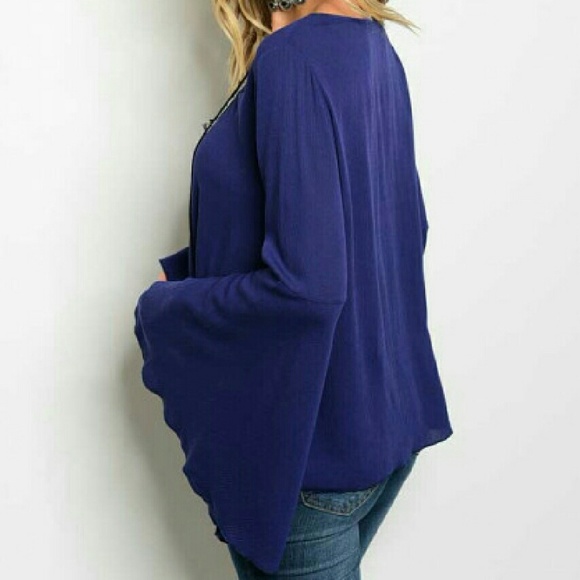 Navy blue lace up neckline top - Picture 2 of 3