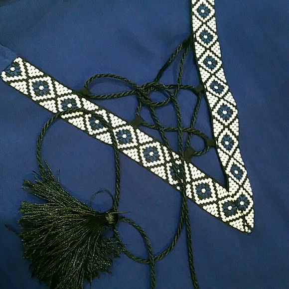 Navy blue lace up neckline top - Picture 3 of 3