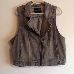 Grey denim moto vest