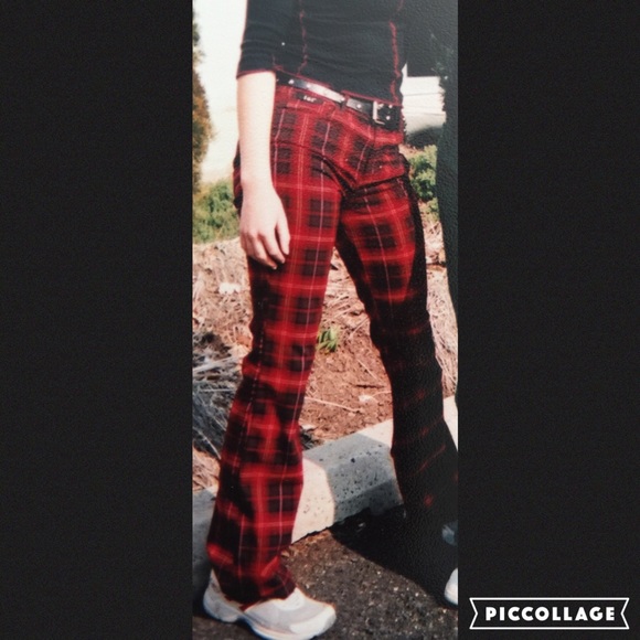 red plaid flare pants
