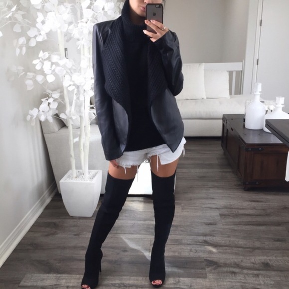 Black Leather Cable Knit Jacket from @itselaine