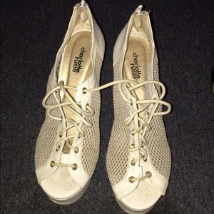 White charlotte russe peep toe lace up wedge heels