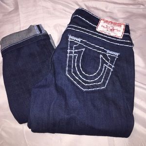 Baby blue stitched True Religion skinny jeans
