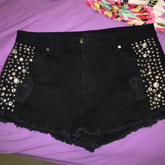 Studded Black High Waisted Shorts - Picture 1 of 3