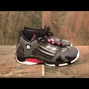 Retro Air Jordan XIV, metallic gray, black, pink.