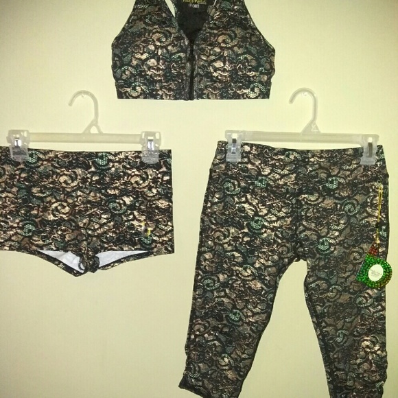 NEW Body-Rock Sports 3pc LOT Bra Capri Shorts Yoga