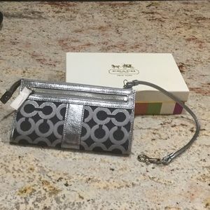 Coach Zippy Wallet Dark Blue/silver trim. Wristlet