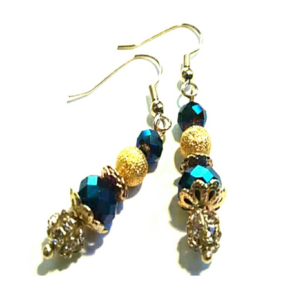 Blue and Gold Crystal Drop Dangle Earrings - Picture 1 of 3