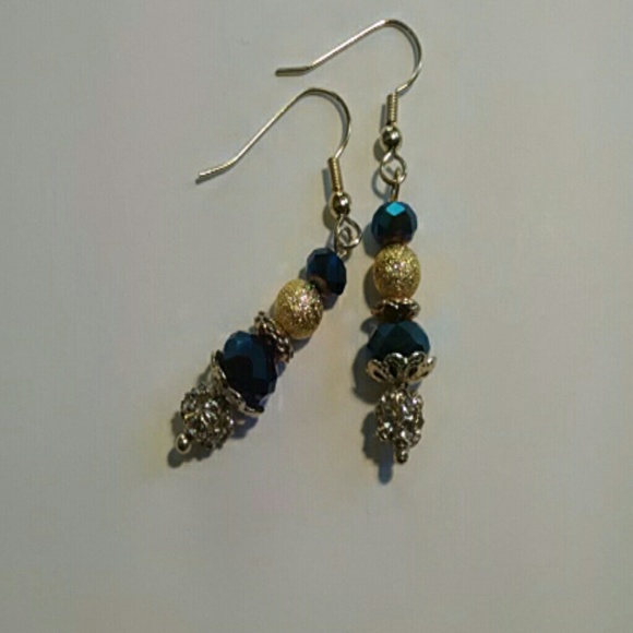 Blue and Gold Crystal Drop Dangle Earrings - Picture 2 of 3