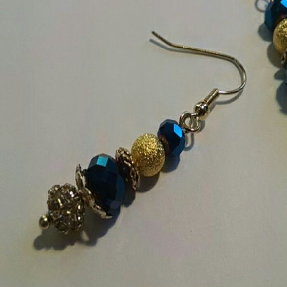 Blue and Gold Crystal Drop Dangle Earrings - Picture 3 of 3