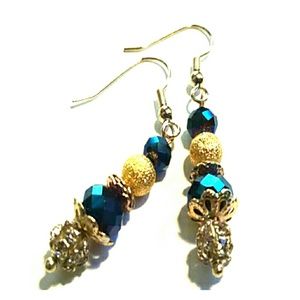 Blue and Gold Crystal Drop Dangle Earrings