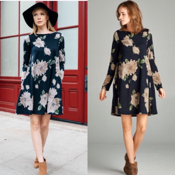 ❣️LAST❣️ Black Floral Loose Tunic Pockets Dress - Picture 2 of 2