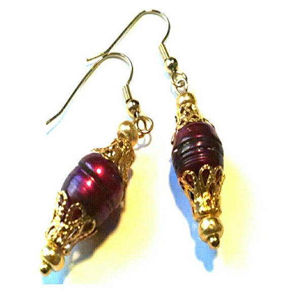 Red Freshwater Pearl Earrings with Gold Accents - Picture 1 of 3