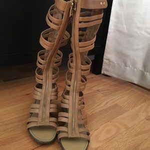 Tan knee high gladiator sandals
