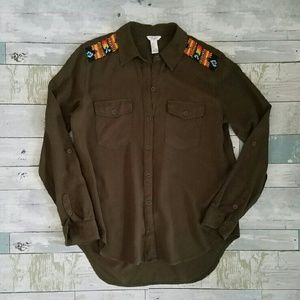 Beaded Shoulder Olive Button Down
