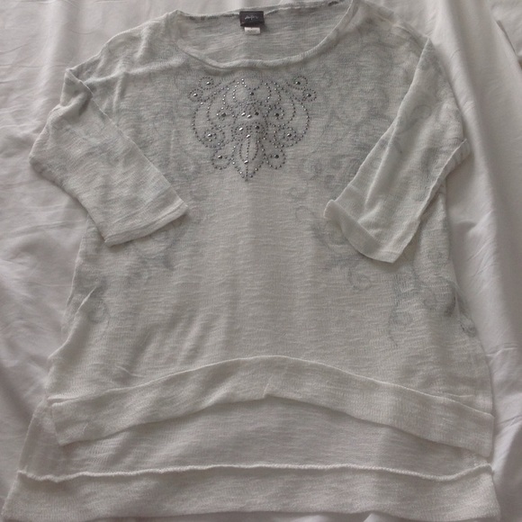 White top with grey design and jeweled detail