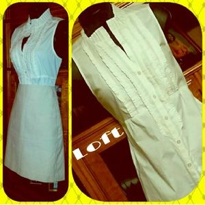 Loft white sleeveless, button up, ruffle collar