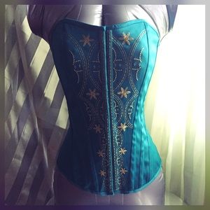 Teal Satin Floral Sweetheart Corset