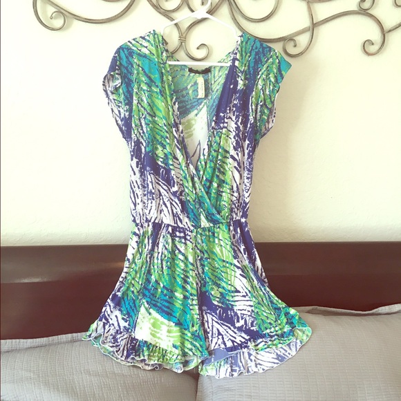 New Romper Blue/Green, MEDIUM deep v neck