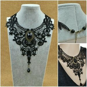 Vintage Black Lace & Beads Choker Victorian Style