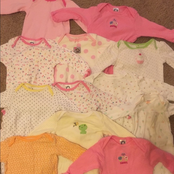 12 Baby Onesies & 12 Baby Sleeper Dresses