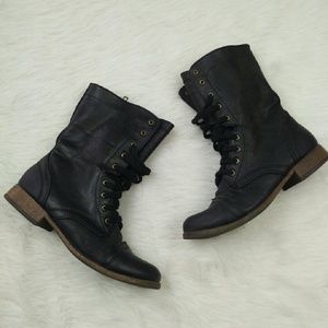 Black moto combat lace up mid ankle boot