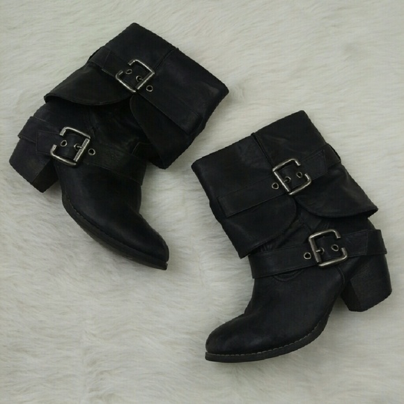 Black foldover mid ankle or tall buckle boot