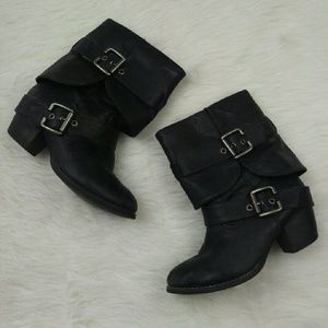 Black foldover mid ankle or tall buckle boot