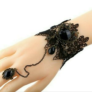 Delicate Black Lace Lolita Beads Adjustable  Ring