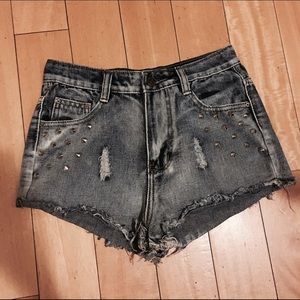 Distressed Acid Wash Shorts with Spike Studs