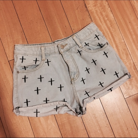 High Waisted Blue Shorts with Cross Detailing