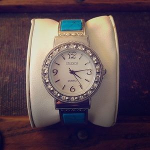 Turquoise and Rhinestone Bangle Watch