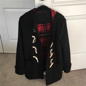Black wool coat with Plaid Lining and hood