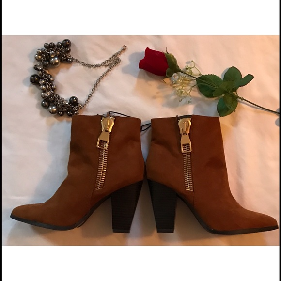 Express Shoes - Express Faux Suede Gold Side Zipper Ankle Booties