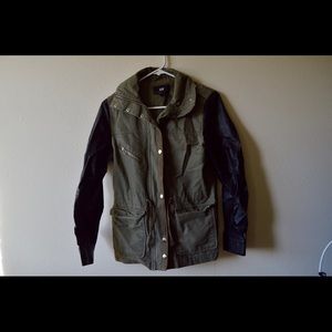 H&M army green jacket with faux leather sleeves.