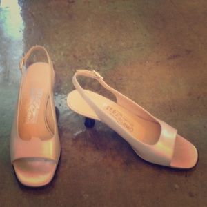 Ferragamo pearlized leather sling backs open toe
