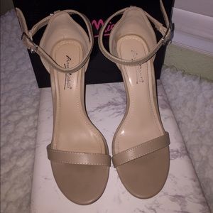 Nude, ankle strap heeled sandals
