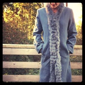 Vintage Slate Blue Fur-trim Duster