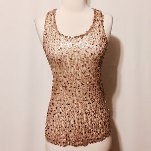 Almost Famous Tops - Tan & Copper Sequins Mesh Top