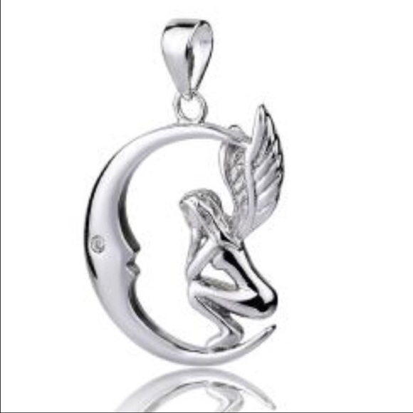 🌸FAIRY & MOON PENDANT W/ CHAIN STERLING SILVER - Picture 1 of 4