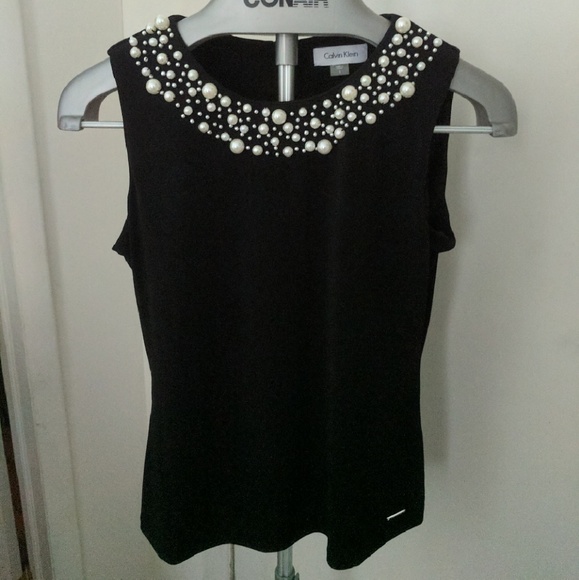 Calvin Klein NWOT Sleeveless Beaded-Collar Top