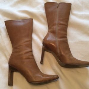 Women's tan natural leather mid calf boots